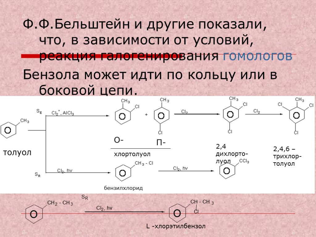 Ф.Ф.Бельштейн и другие показали, что, в зависимости от условий, реакция галогенирования гомологов Бензола может